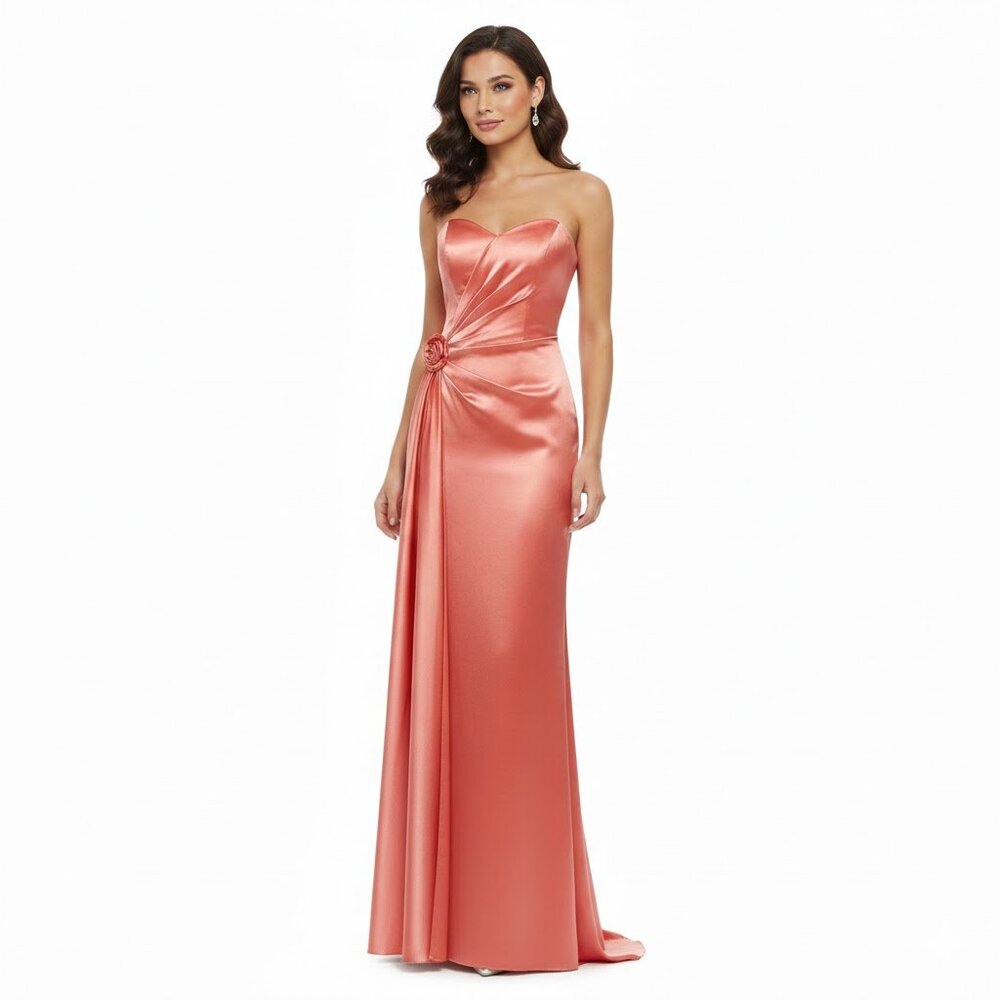 Silky Satin Strapless Coral Gown